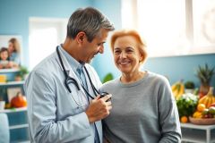 Doctor examining a smiling senior woman in a bright, modern clinic. The scene features healthy fruits and vegetables, suggesting wellness and preventative care. Blue walls and natural light create a positive, reassuring atmosphere. Focus on healthcare, senior health, and doctor-patient relationship.
