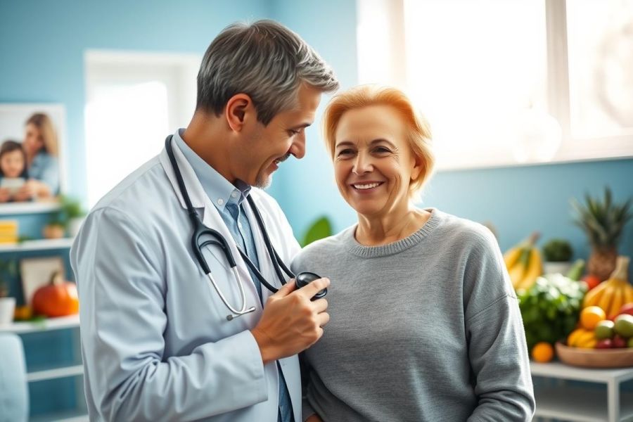 Doctor examining a smiling senior woman in a bright, modern clinic. The scene features healthy fruits and vegetables, suggesting wellness and preventative care. Blue walls and natural light create a positive, reassuring atmosphere. Focus on healthcare, senior health, and doctor-patient relationship.