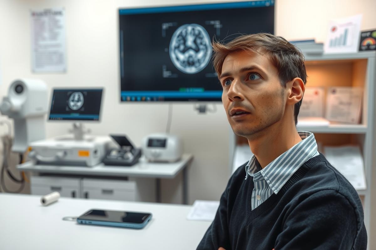 A man in a medical environment examining a brain MRI scan on a large screen while seated at a desk with various pieces of equipment and patient information visible.