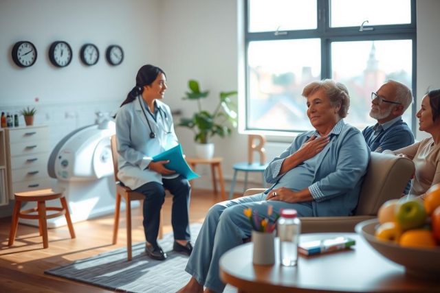 A nurse sits at a table with three patients in an office setting, discussing medical treatment. The environment is calm and inviting, with natural light streaming through the windows.