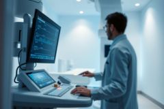Radiologist examining medical imaging on a diagnostic machine in a modern, blue-toned hospital setting. Focus on healthcare technology and professional medical analysis.