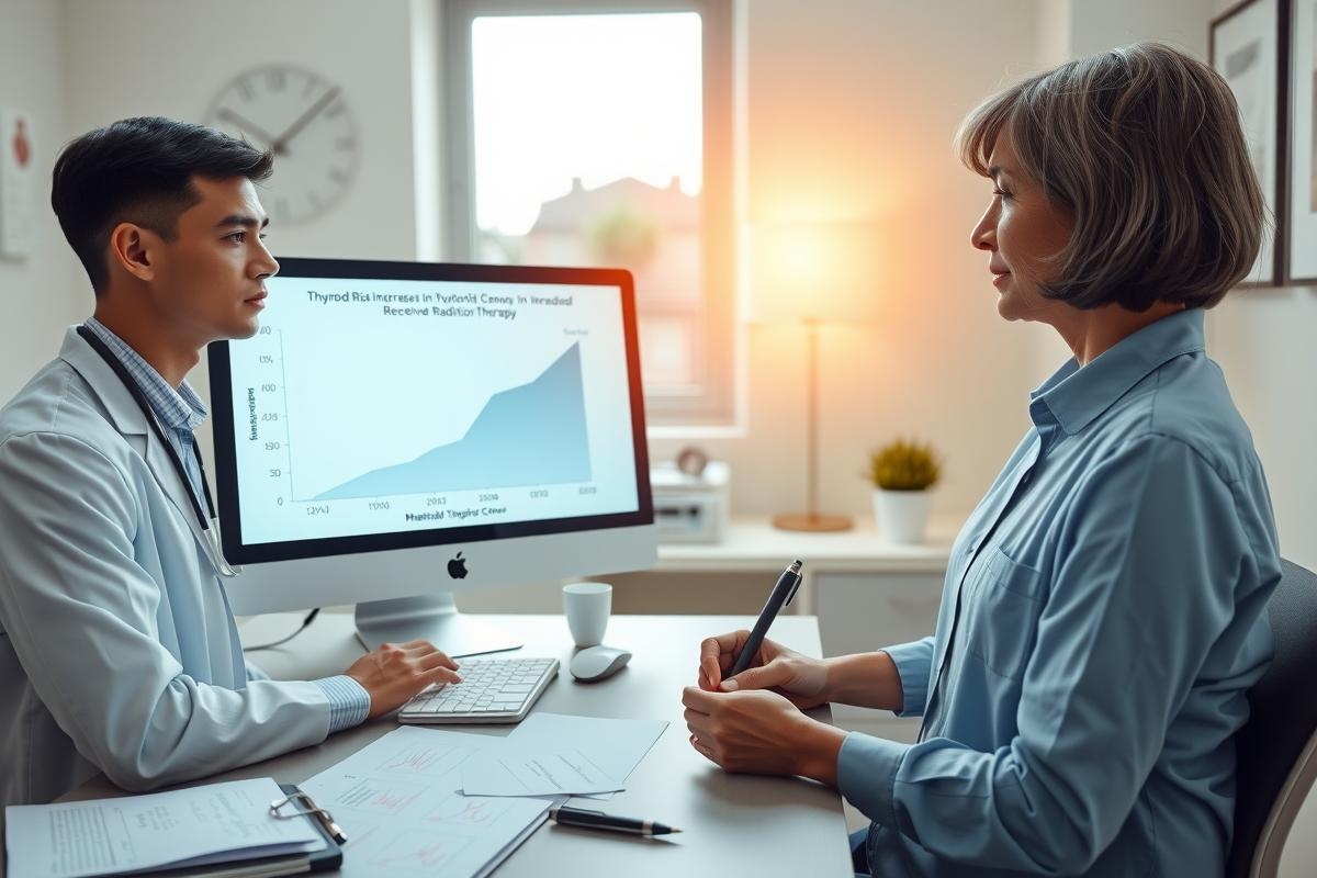 A professional setting where a man, presumably a doctor or healthcare provider, is shown presenting medical data on a computer screen to a woman who appears to be a patient. The environment suggests a clinic or office with modern equipment and a focus on technology-aided consultation.
