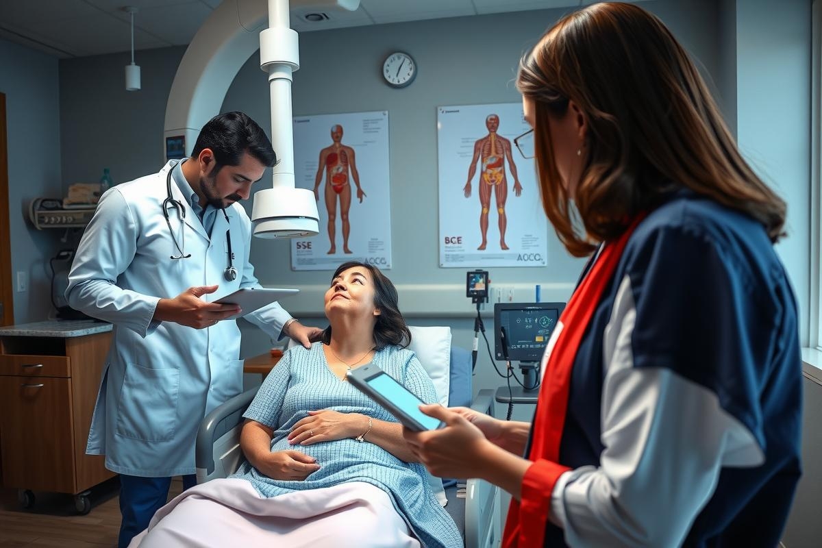 The image shows a medical scene of a woman lying in a hospital bed, a doctor carefully examining her while another healthcare worker records information on a tablet.