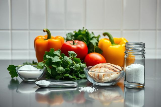 Vibrant food photography showcasing fresh ingredients: orange bell peppers, ripe red tomatoes, green herbs, and grilled chicken. A kitchen setting with salt and a spoon emphasizes healthy cooking and meal preparation. Bright colors and clean presentation.