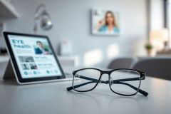 Stylish glasses on a desk next to a tablet displaying eye health information. A blurred background suggests an optometrist's office, with a portrait visible. Focus is on eye care and modern eyewear in a clean, bright setting.