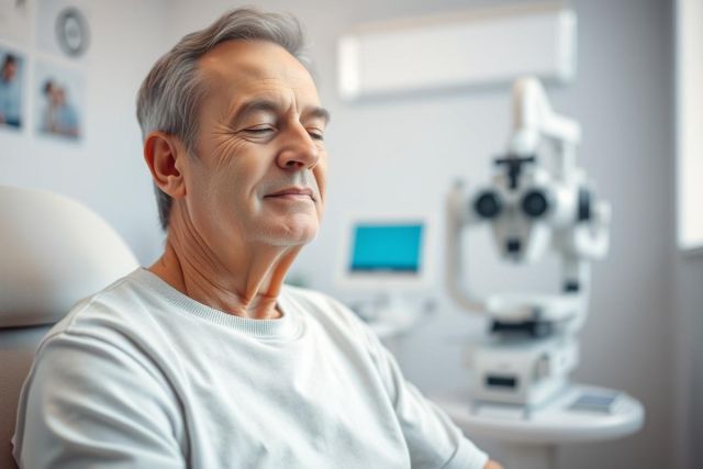 Senior man relaxing in a modern medical clinic. Close-up portrait with soft lighting, featuring a calm expression and a white t-shirt. Background includes medical equipment and a clean, white interior. Healthcare, wellness, and aging themes are present.