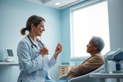 Doctor consults with a senior patient in a bright, modern medical office. The scene features a smiling female doctor in a white coat with a stethoscope, engaging in a friendly conversation with an older woman. Blue and white tones create a calming environment. Healthcare, patient care, and medical consultation are key themes.