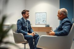Doctor consults with a senior patient in a modern clinic. The scene features a young male doctor in a blue suit and stethoscope, engaged in conversation with an elderly man. The setting is bright and clean, with neutral colors and a medical chart visible in the background, representing healthcare and patient care.