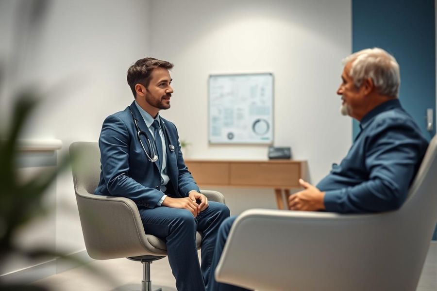 Doctor consults with a senior patient in a modern clinic. The scene features a young male doctor in a blue suit and stethoscope, engaged in conversation with an elderly man. The setting is bright and clean, with neutral colors and a medical chart visible in the background, representing healthcare and patient care.