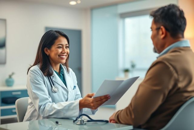 Doctor consultation in a bright, modern clinic. A smiling female doctor in a white coat hands documents to a patient. Healthcare, medical appointment, and patient care themes are evident in this image featuring blue and neutral tones.