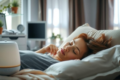 The image depicts a woman in a bed with her eyes closed, appearing to be asleep. She is lying on a comfortable-looking bed with white and gray sheets and multiple pillows.