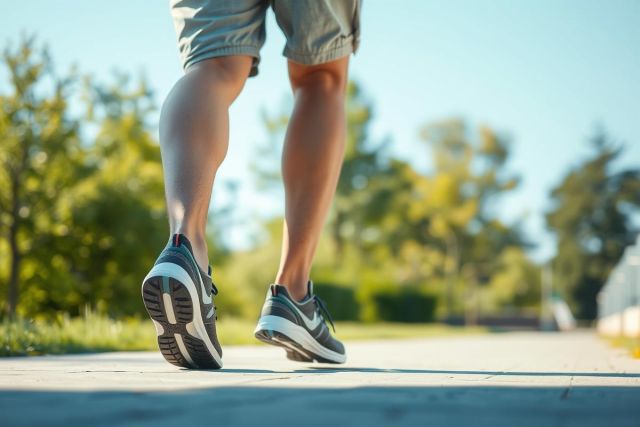 Person jogging outdoors on a paved path. Focus on athletic legs and sneakers against a blurred green background. Sunny day, active lifestyle, fitness, running shoes, exercise, blue sky.