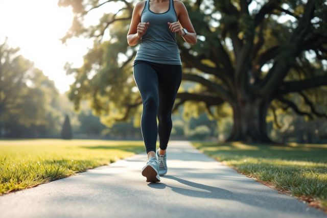 Woman jogging on a paved path through a lush, green park. The image showcases fitness, outdoor exercise, and a healthy lifestyle with warm sunlight filtering through large trees. Activewear in gray and black tones highlights the athletic scene. A scenic morning or evening run in nature.