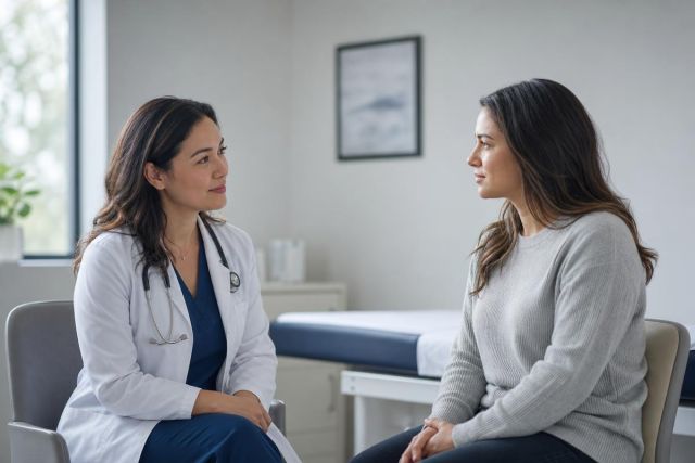 Doctor in white coat speaking with patient in exam room during a calm consultation.