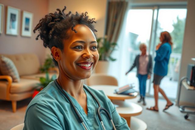 Smiling healthcare professional in scrubs, likely a nurse, stands in a modern medical office or clinic setting. Warm lighting and a welcoming environment are visible with other patients in the background.