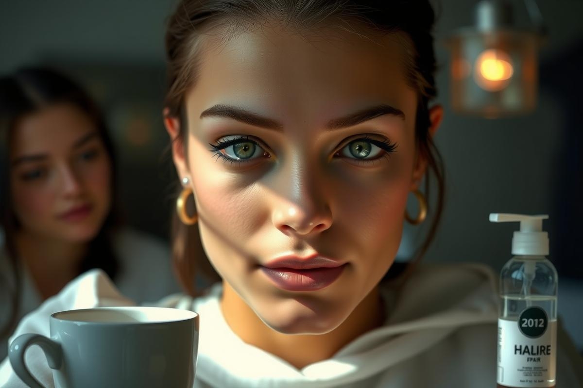 In the image, a young woman with striking blue eyes gazes into the camera. She is sitting in what appears to be a health spa, indicated by a bottle of what appears to be a nasal decongestant spray in front of her. The setting suggests an elegant and relaxed atmosphere typical of such establishments.