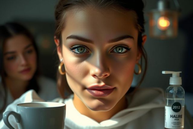 In the image, a young woman with striking blue eyes gazes into the camera. She is sitting in what appears to be a health spa, indicated by a bottle of what appears to be a nasal decongestant spray in front of her. The setting suggests an elegant and relaxed atmosphere typical of such establishments.