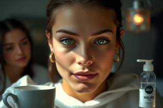 In the image, a young woman with striking blue eyes gazes into the camera. She is sitting in what appears to be a health spa, indicated by a bottle of what appears to be a nasal decongestant spray in front of her. The setting suggests an elegant and relaxed atmosphere typical of such establishments.