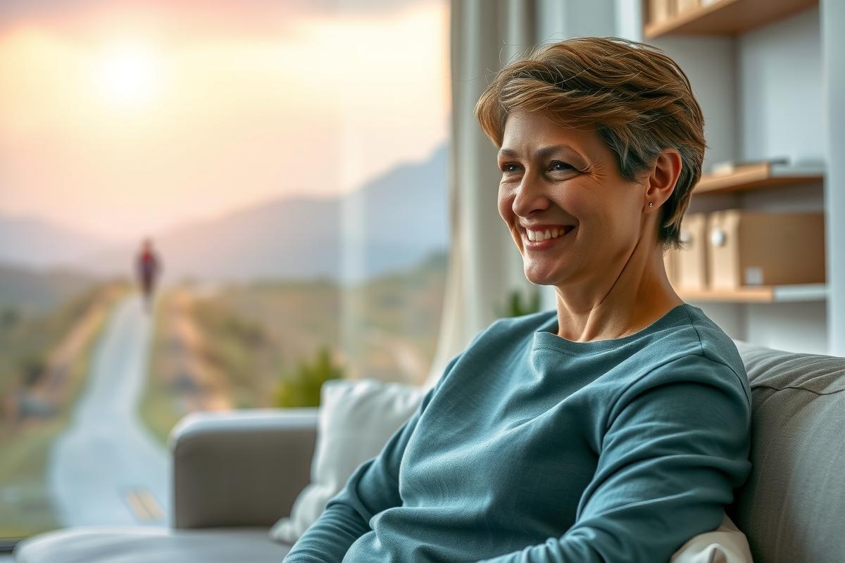 The image features a woman seated comfortably on a couch, smiling at someone or something outside of the frame. The room has an inviting atmosphere with warm tones and natural light coming in through large windows. A person is visible outside on a path during what appears to be either sunrise or sunset due to the soft glowing light.
