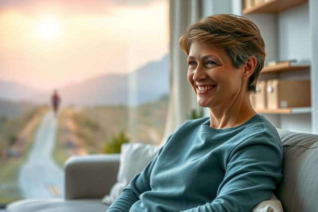 The image features a woman seated comfortably on a couch, smiling at someone or something outside of the frame. The room has an inviting atmosphere with warm tones and natural light coming in through large windows. A person is visible outside on a path during what appears to be either sunrise or sunset due to the soft glowing light.