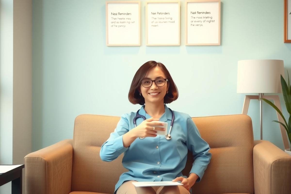 In this image, we see a female nurse sitting on a couch in what appears to be an office setting. She is wearing a blue shirt and holding a cup, indicating that she is likely involved in an educational activity or presentation, such as explaining a medical concept or demonstrating a procedure.