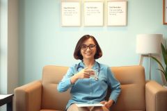In this image, we see a female nurse sitting on a couch in what appears to be an office setting. She is wearing a blue shirt and holding a cup, indicating that she is likely involved in an educational activity or presentation, such as explaining a medical concept or demonstrating a procedure.