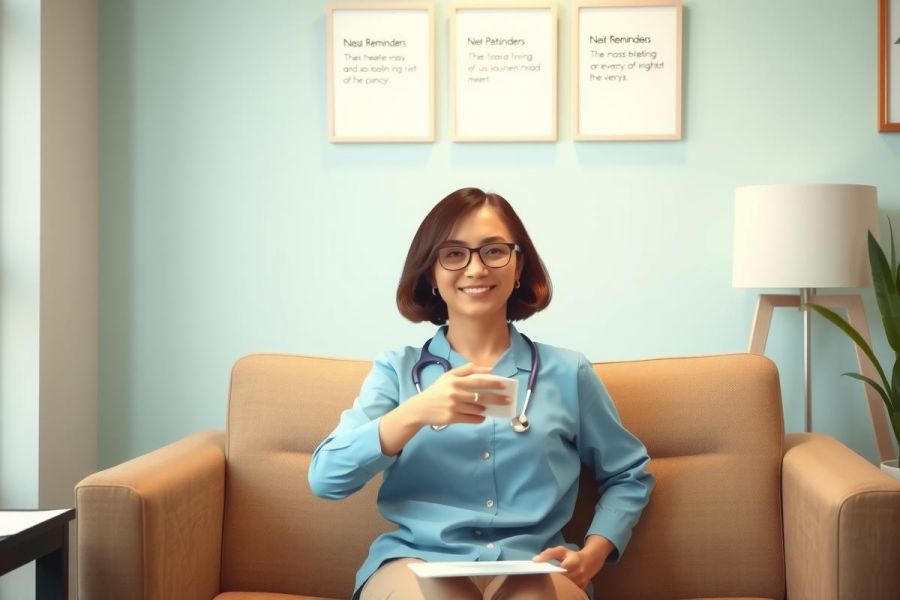 In this image, we see a female nurse sitting on a couch in what appears to be an office setting. She is wearing a blue shirt and holding a cup, indicating that she is likely involved in an educational activity or presentation, such as explaining a medical concept or demonstrating a procedure.