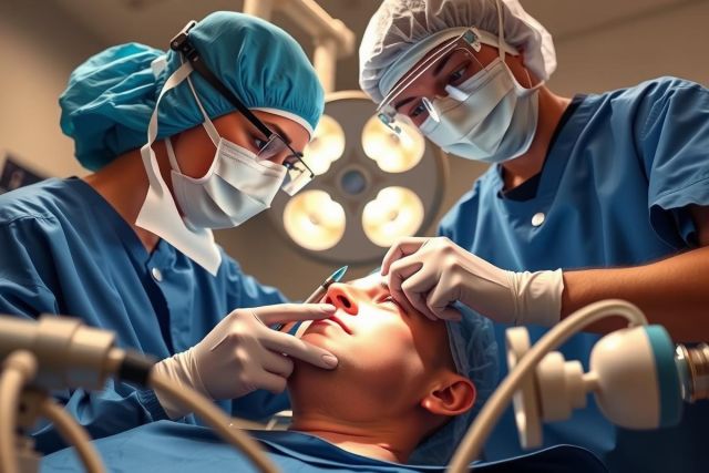 This is a medical scene featuring two healthcare professionals dressed in surgical attire, operating on a patient. The professionals are focused and appear to be performing an operation or procedure related to the head or face.