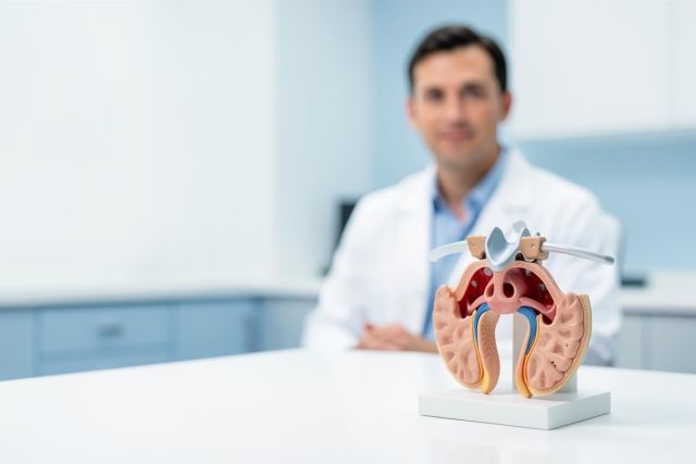 Detailed anatomical model of human kidneys and adrenal glands on a white table in a medical setting. A blurred doctor in a white lab coat is visible in the background, creating a professional healthcare context. The image features bright, clean tones suitable for topics related to nephrology, renal health, and medical education.