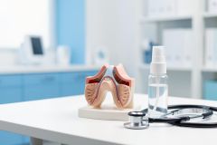 Anatomical model of the human larynx and vocal cords on a white clinic table with a stethoscope and throat spray bottle. Set in a bright, modern medical office with blue cabinetry. High-quality medical equipment for ENT examinations, throat health education, and clinical diagnostics.