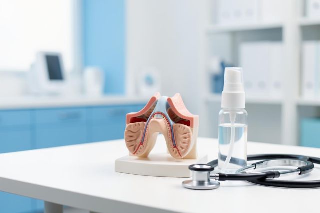 Anatomical model of the human larynx and vocal cords on a white clinic table with a stethoscope and throat spray bottle. Set in a bright, modern medical office with blue cabinetry. High-quality medical equipment for ENT examinations, throat health education, and clinical diagnostics.
