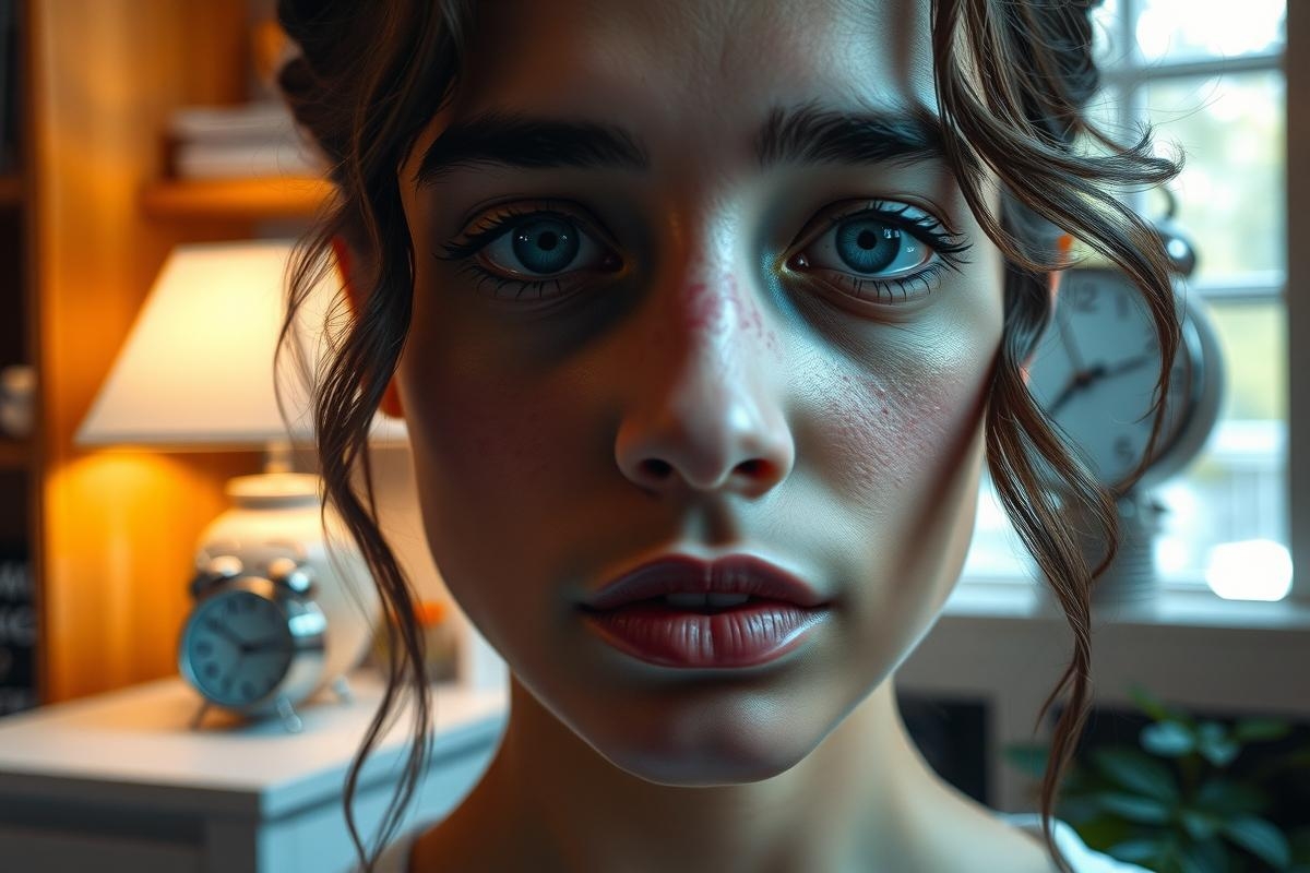 The image features a woman with striking blue eyes, captured in portrait orientation. She appears to be inside a room that has a cozy feel to it, with wooden elements and warm lighting. The woman's expression is neutral, giving the impression of a calm and composed demeanor. Her hairstyle is classic, enhancing her timeless beauty.
