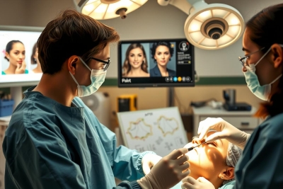 The image portrays a medical setting with two individuals wearing surgical attire and masks. One of them appears to be working on a patient's face, possibly performing a cosmetic procedure or a facial examination. The environment includes monitors displaying images, suggesting a technologically advanced healthcare facility.