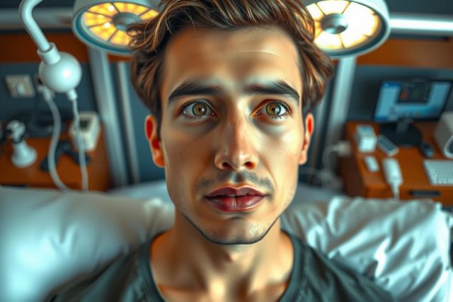 The image shows a man sitting in what appears to be a medical or dental setting, with a mirror reflecting his face. He is looking directly at the camera, and there are various dental instruments around him.