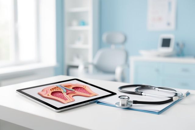 Modern medical technology concept featuring a tablet with a 3D anatomical prostate illustration on a white desk. A stethoscope and blue clipboard are placed nearby. The scene is set in a bright, clean doctor's office with light blue accents and blurred medical equipment, perfect for healthcare, urology, and diagnostic themes.