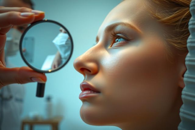 A professional examining a woman's eyes using an ophthalmoscope during a medical appointment in a clinical setting. The female patient is seated and looking up at the instrument.