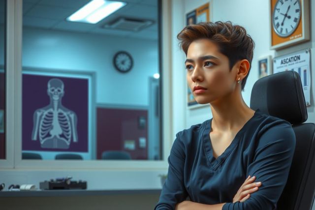 The image is a frame showing an adult woman sitting at a desk in an office setting. She appears focused or anxious, with her arms crossed and slightly leaning forward. The office has a modern décor with glass partitions, a skeleton model on the wall, and a clock visible in the background.