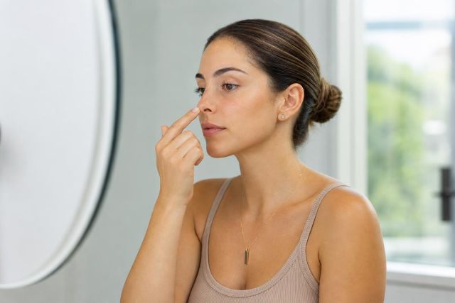 Woman examining her nose in a calm bathroom or dressing-area, assessing nasal appearance.