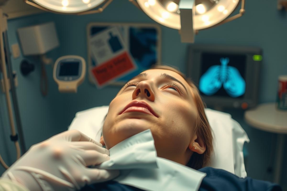 This image depicts a person lying on an operating table in what appears to be a hospital or surgical environment. The individual is wearing a surgical gown and has medical instruments near them, indicating they are in the process of being treated or operated on. There's a surgical lamp overhead providing illumination for the procedure.