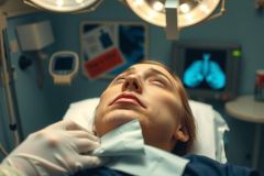 This image depicts a person lying on an operating table in what appears to be a hospital or surgical environment. The individual is wearing a surgical gown and has medical instruments near them, indicating they are in the process of being treated or operated on. There's a surgical lamp overhead providing illumination for the procedure.