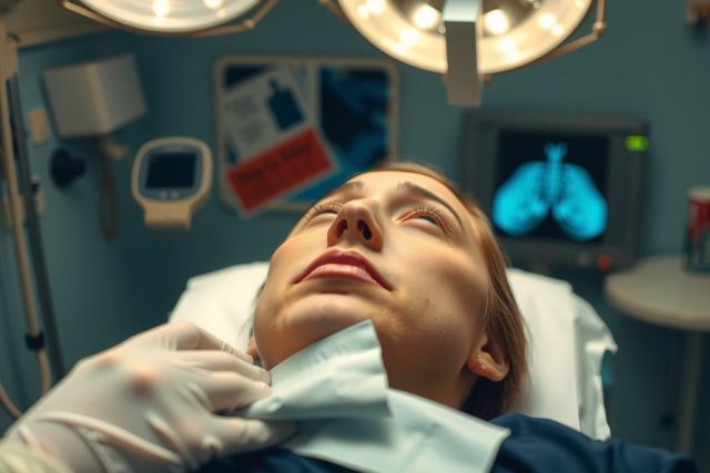 This image depicts a person lying on an operating table in what appears to be a hospital or surgical environment. The individual is wearing a surgical gown and has medical instruments near them, indicating they are in the process of being treated or operated on. There's a surgical lamp overhead providing illumination for the procedure.