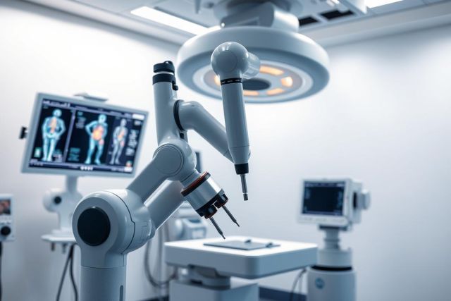Surgical robotic system in a modern operating room. The image showcases advanced medical technology with a robotic arm, surgical tools, and monitors displaying human anatomy. Predominantly white and blue tones create a sterile, clinical environment. Focus on minimally invasive surgery and precision healthcare.