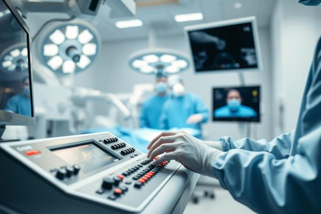 Surgical scene in a modern operating room. Sterile environment with bright overhead lights and medical monitors displaying endoscopic views.