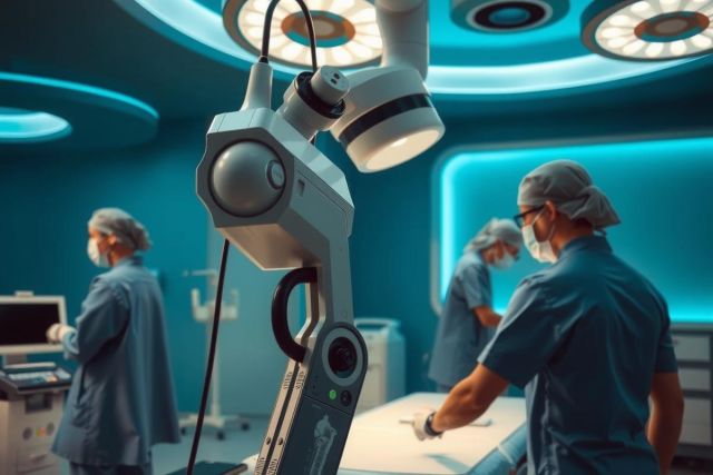 The image depicts a futuristic operating room with advanced medical equipment. A surgeon is standing in the center, focused on the task at hand. Assistants dressed in surgical gowns are also present, contributing to the team's efforts.