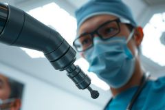 Surgeon holding a surgical instrument in an operating room. Focus on the tool, highlighting precision and medical technology. Blue surgical mask and scrub cap visible. Sterile environment.