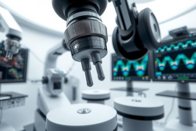 Close-up of scientific equipment, likely a lab instrument, against a blurred background with data displays. The image conveys a focus on research and technology, showcasing a modern lab environment with a sterile, clean aesthetic.