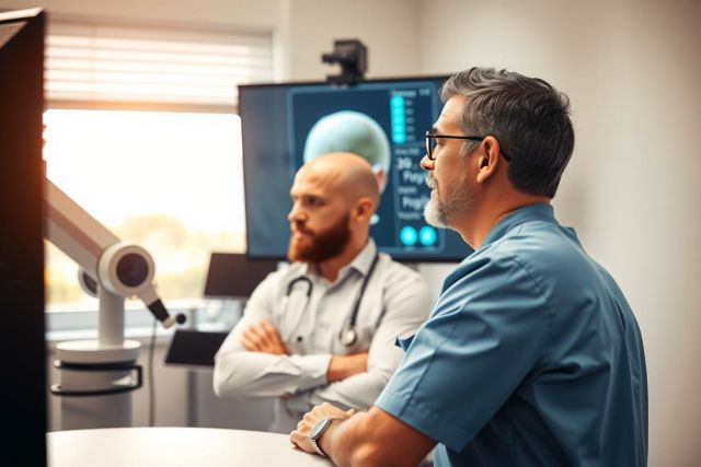 Medical professionals review patient scans in a clinic. Two doctors, one with a beard, examine imaging data, suggesting diagnostics and treatment planning in a modern healthcare setting.