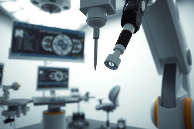 Surgical equipment in an operating room. Close-up view showing a surgical instrument, highlighting the sterile environment and focus on precision medical procedures.  Sharp focus, clinical setting.