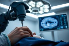 Brain surgery in progress. Close-up of a neurosurgeon's hands and surgical tools, with a monitor displaying a brain scan in a sterile operating room setting. Focus on precision and medical technology.