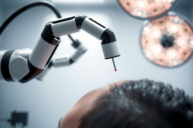 Surgical robotic arm performing a procedure. Close-up of the robotic instrument over a patient's head in a sterile operating room setting. Focus on precision and technology in modern surgery.